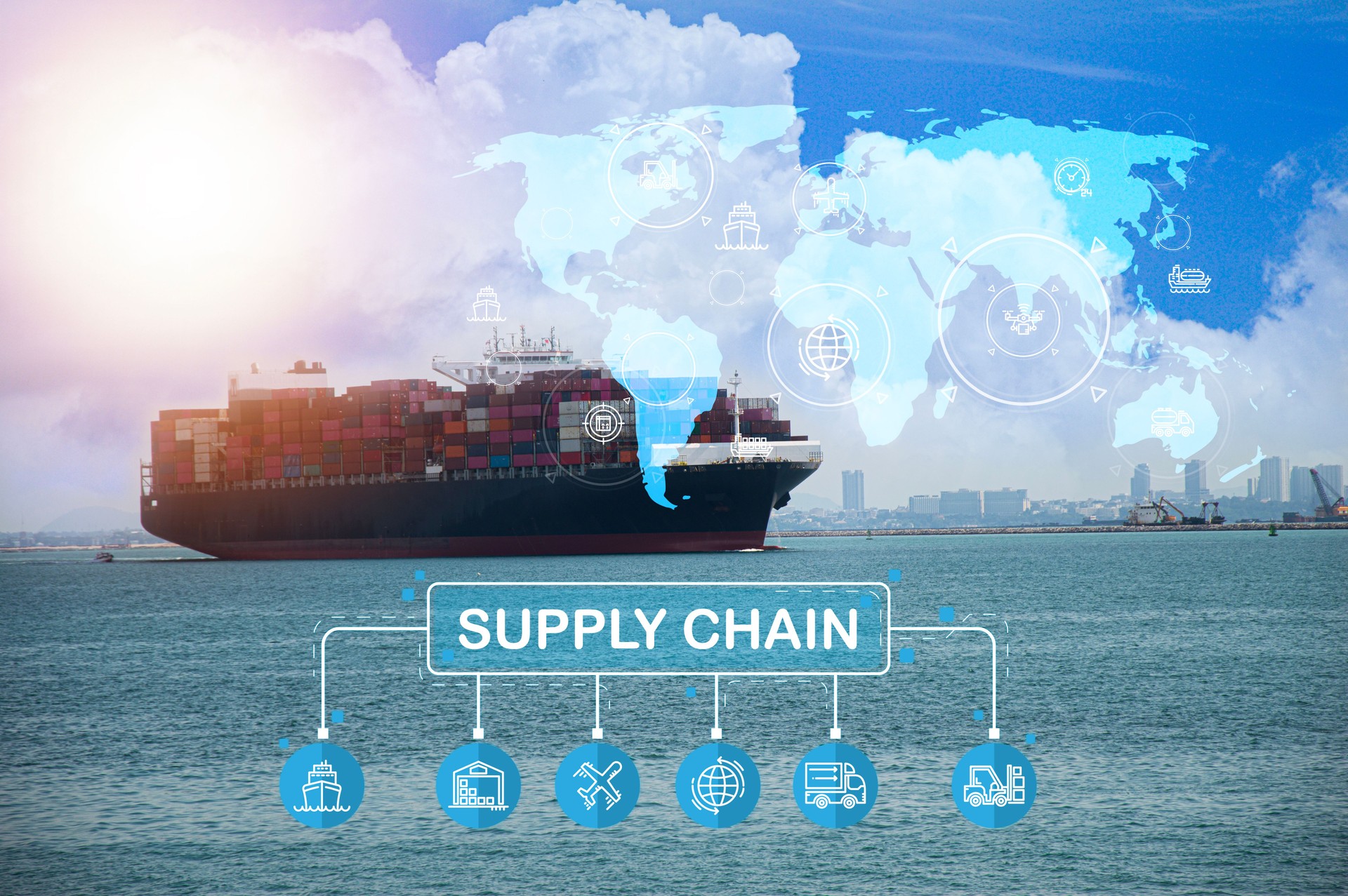 Supply Chain Management concept transportation and logistic suppliers, import export and transport industry. network distribution growth. container cargo ship and trucks of industrial cargo freight